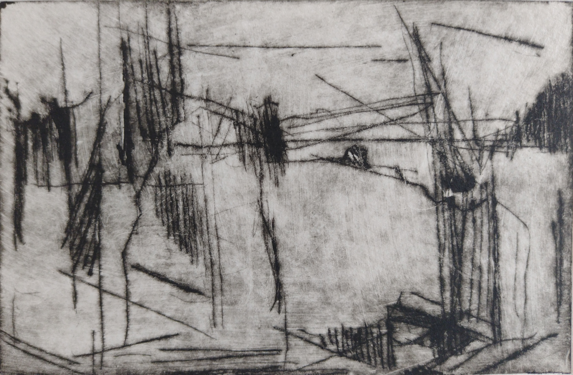 Monochrome drypoint print suggesting landscape.