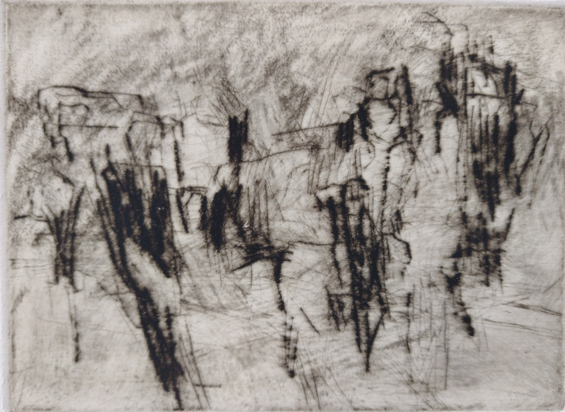 Monochrome drypoint print suggesting urban scene.