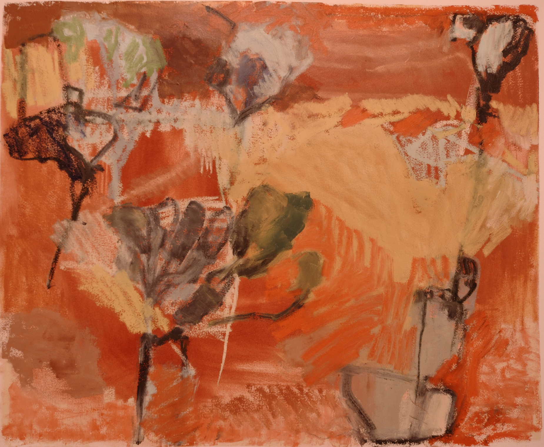 Abstract oil painting: red, orange, pale blue.
