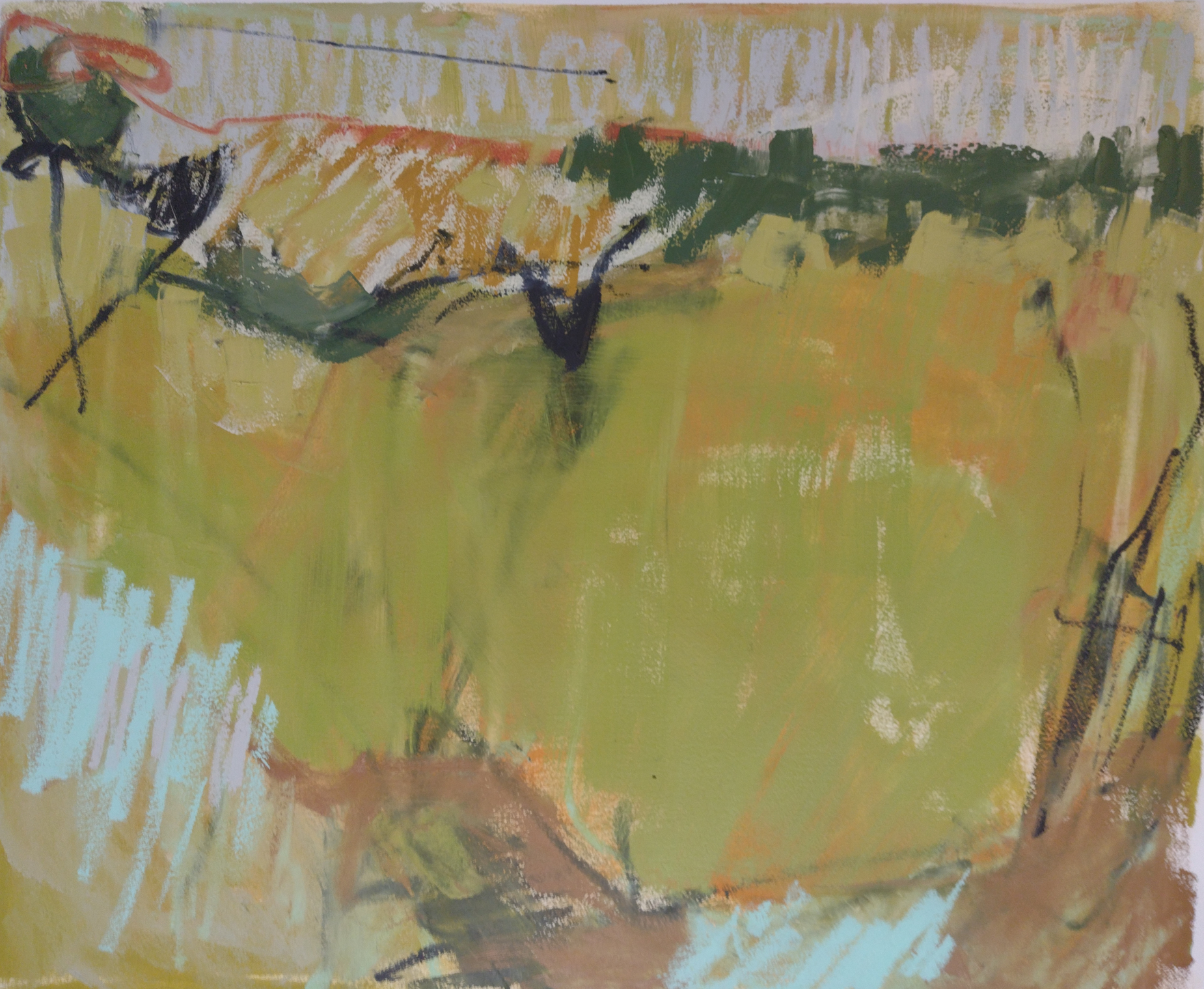 Abstract oil painting: green, pale blue, brown, red.