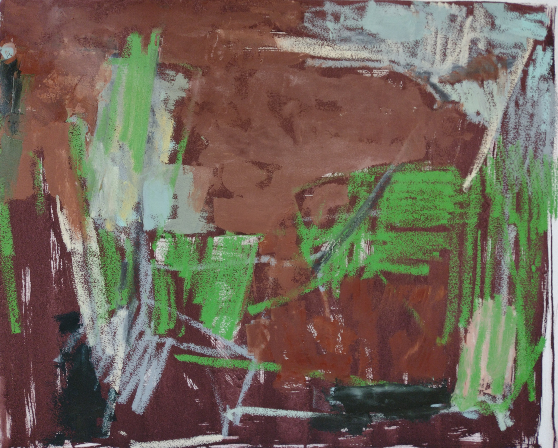 Abstract oil painting: red-violet, green, pale blue.