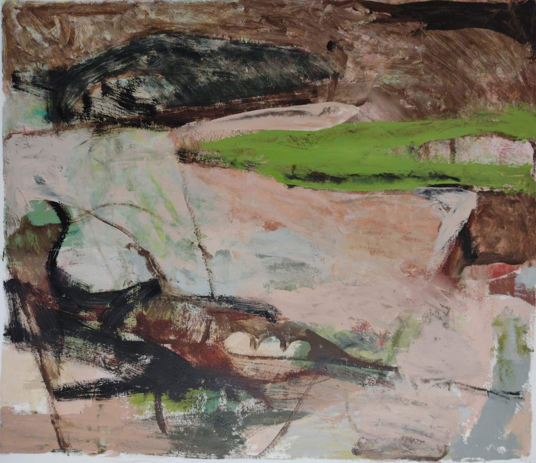 Abstract oil painting: green, black, white.